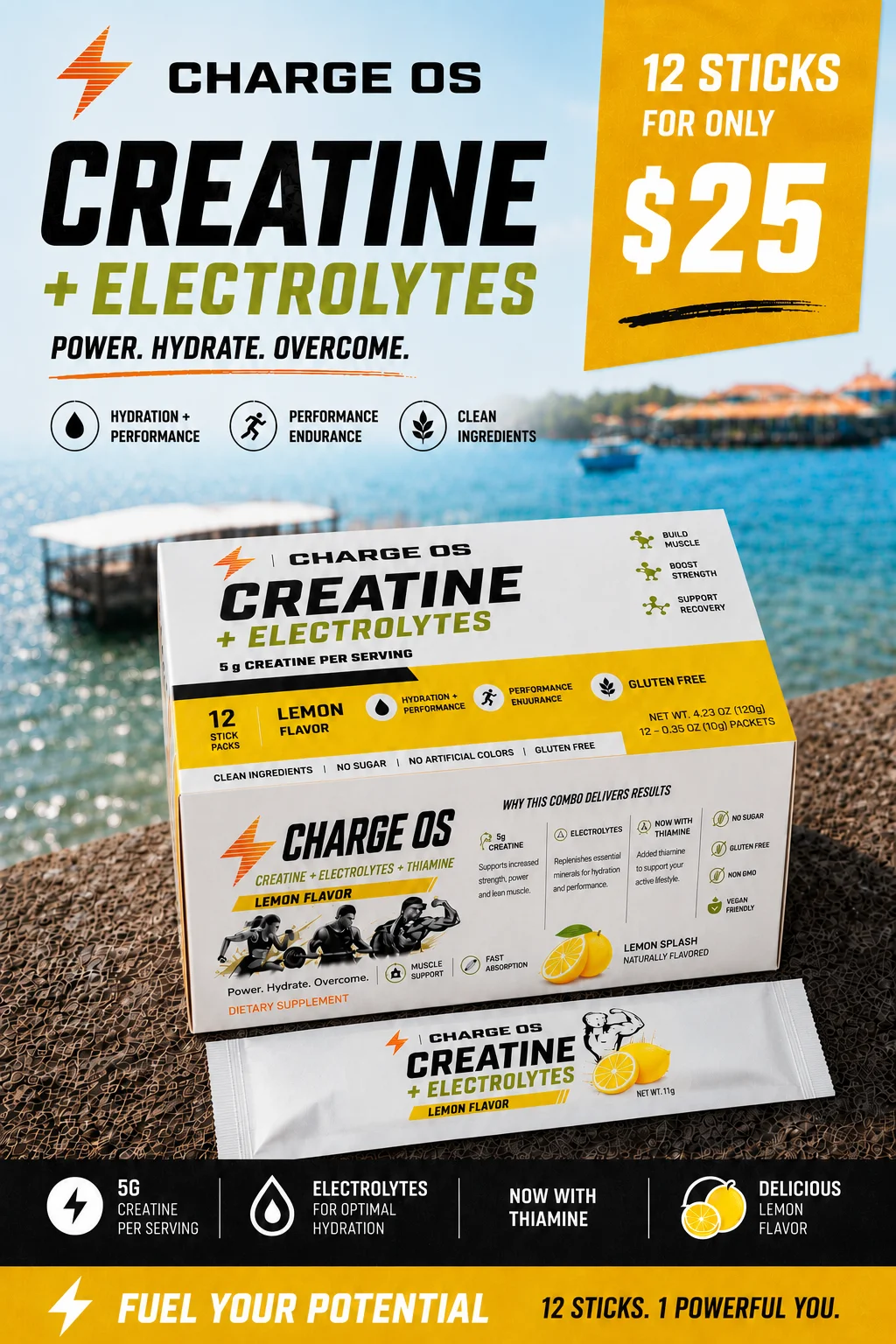 CHARGE OS Creatine + Electrolytes — 12 sticks for only $25, lemon flavor
